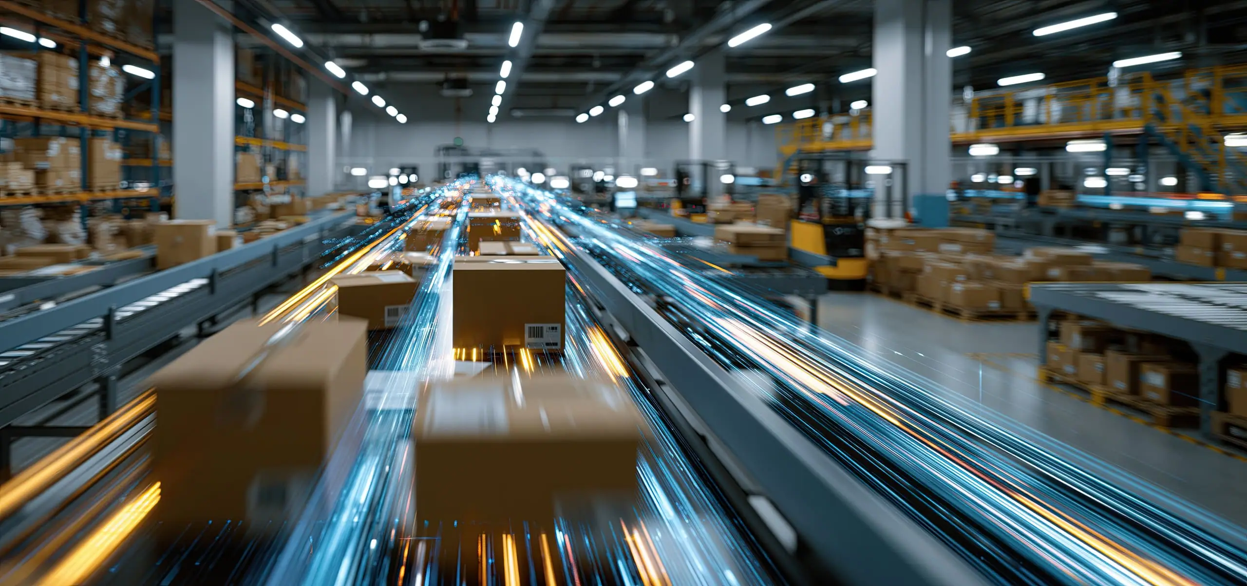 Parcels moving along automated conveyor lines in a modern, brightly lit distribution centre.
