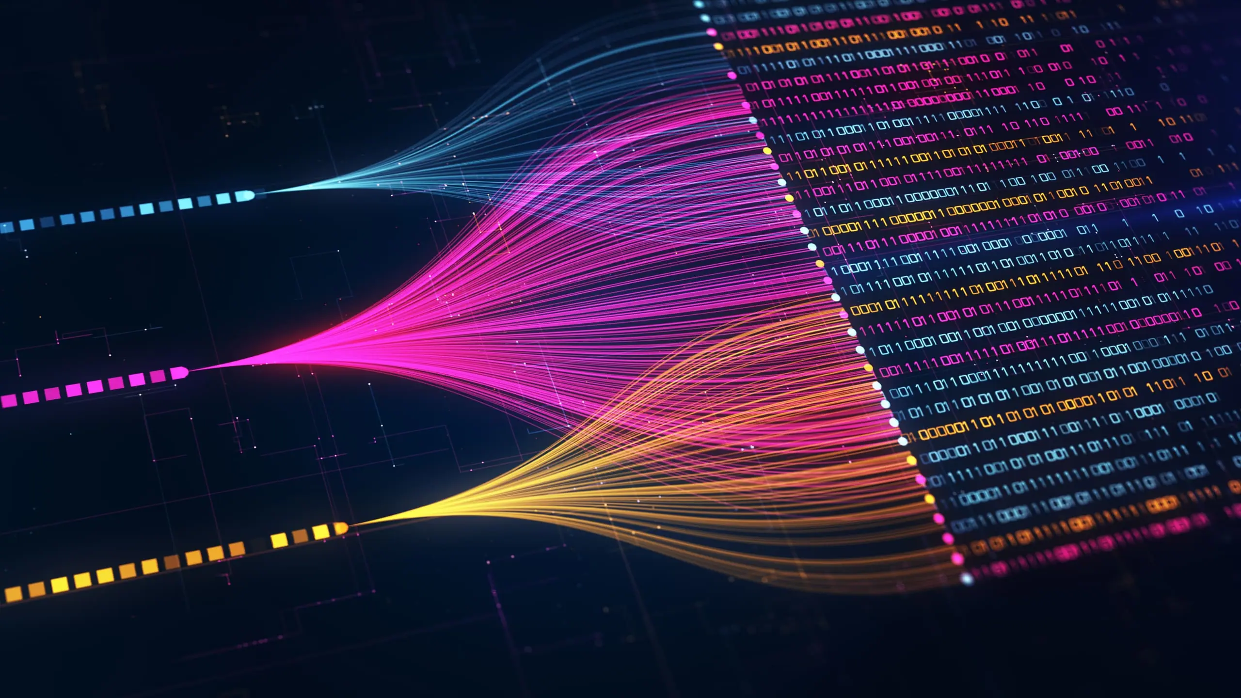Abstract visualization of colourful data streams converging into organized digital information.