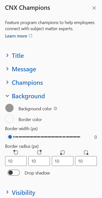 CNX Champions property pane with the Background section expanded, showing the Background color and Border color pickers, the Border width slider, a Border radius of 10 for each corner and the Drop shadow toggle.