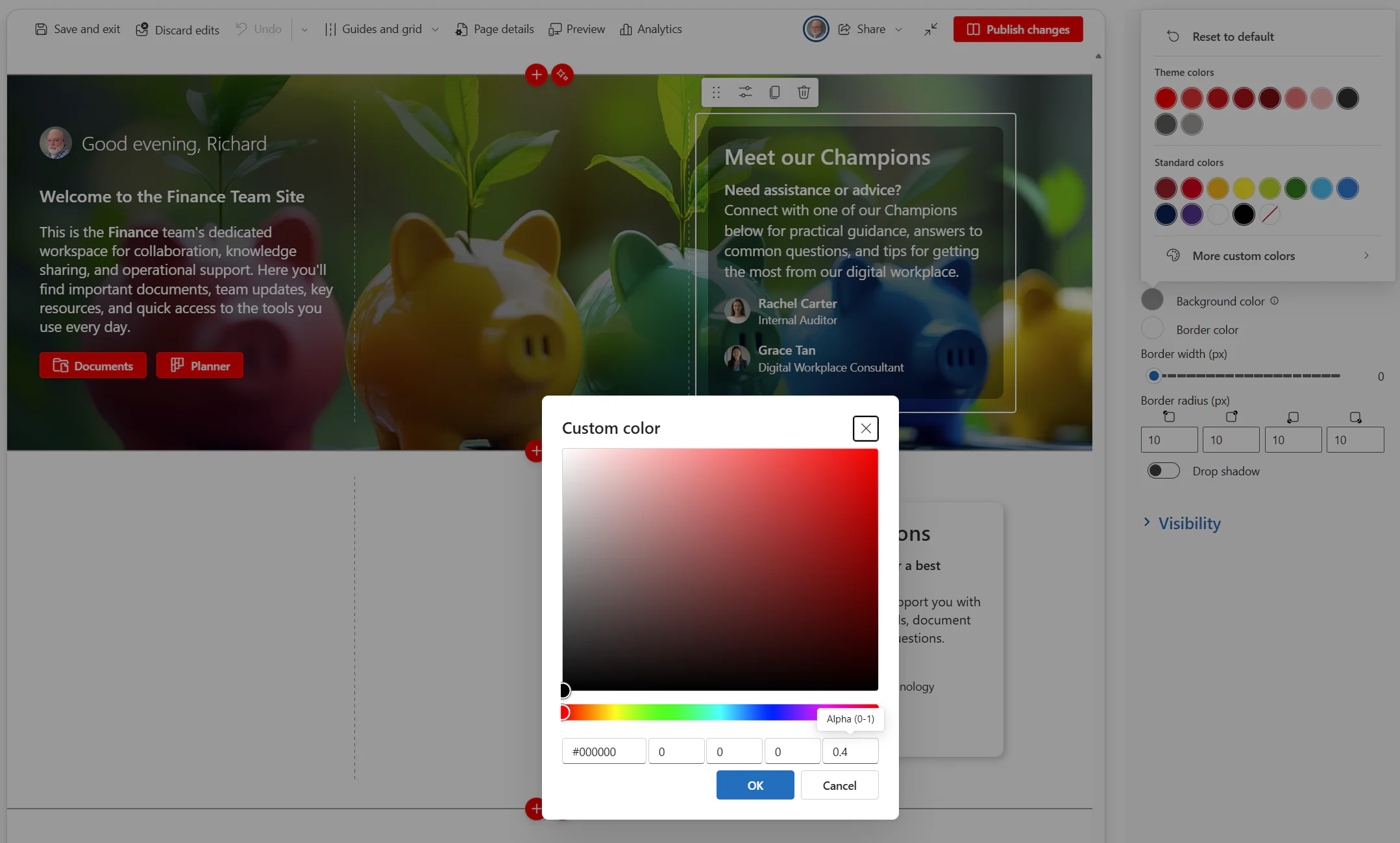 A SharePoint page in edit mode with the Custom color dialog open, set to black with an alpha value of 0.4. Behind it, the CNX Champions web part has a semi-transparent dark background over the page's hero image.