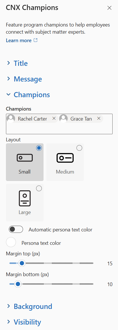 CNX Champions property pane with the Champions section expanded, showing two selected champions, the Small, Medium and Large layouts with Small selected, the Automatic persona text color toggle, the Persona text color picker, and the Margin top and Margin bottom sliders.