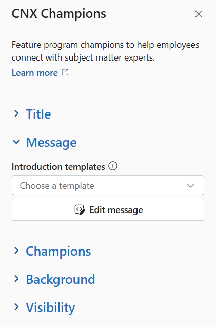 CNX Champions property pane with the Message section expanded, showing the Introduction templates list and the Edit message button.