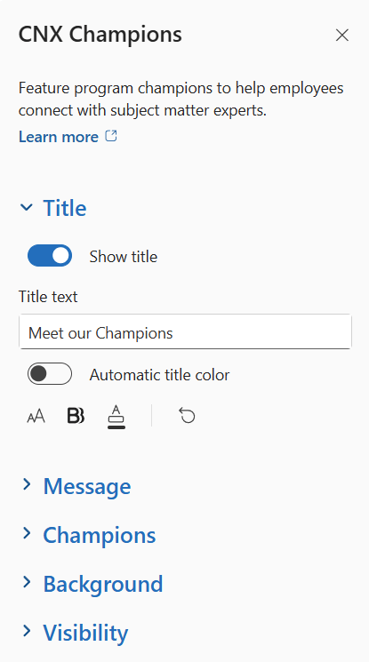 CNX Champions property pane with the Title section expanded, showing the Show title toggle turned on, the Title text box set to “Meet our Champions”, the Automatic title color toggle and the formatting toolbar.
